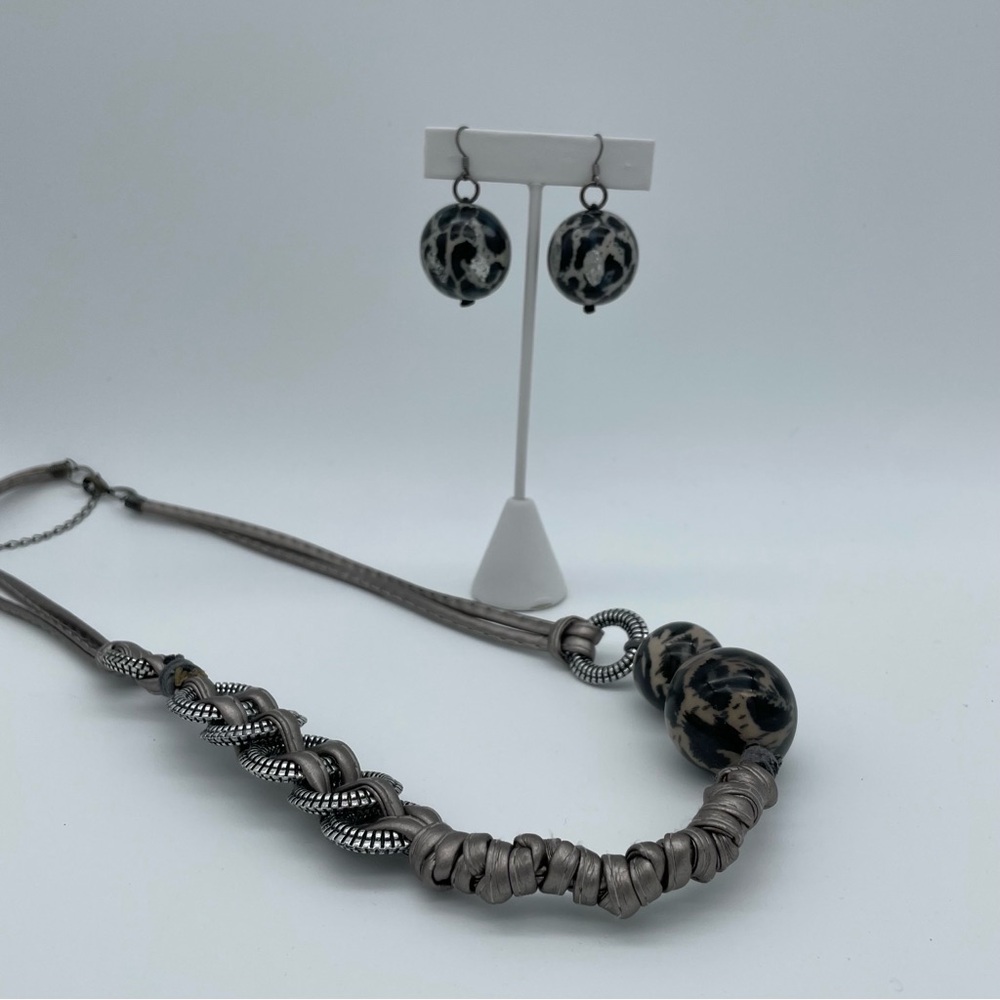 Statement Necklace & Earrings Set Silver-Tone Accents & Leopard-Print Beads